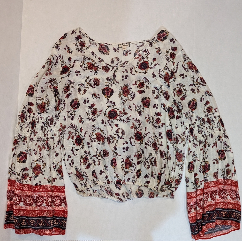 Eyeshadow Women's Multi Colored Floral Flared Sleeve Boho Blouse Top Sz L *EUC